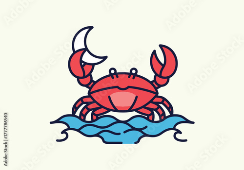 Flat vector of Cancer crab holding crescent moon with soft water shapes, expressing emotion, intuition, and nurturing energy