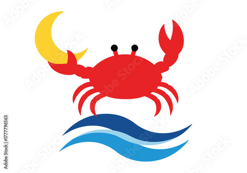 Flat vector of Cancer crab holding crescent moon with soft water shapes, expressing emotion, intuition, and nurturing energy