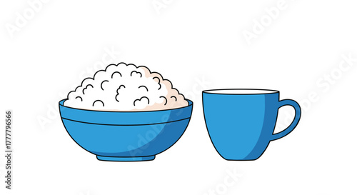 A simple illustration of a blue bowl filled with white fluffy rice next to a blue coffee mug, isolated on a clean white background.
