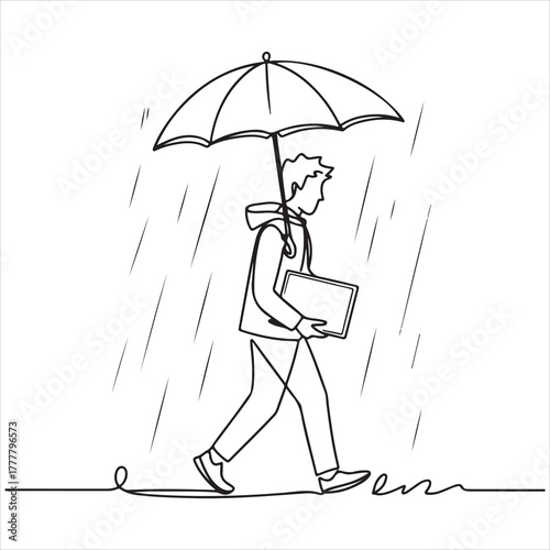 A single continuous line drawing of a person walking in the rain holding a laptop under an umbrella