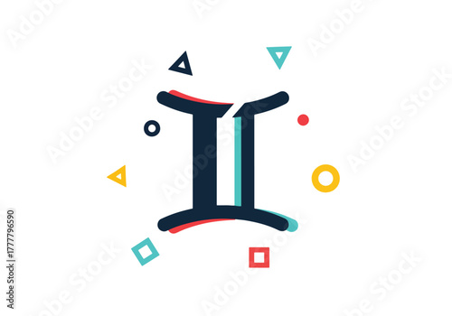 Flat split-color Gemini symbol badge representing dual energies and versatility. Solid bold color blocks, clean icon style