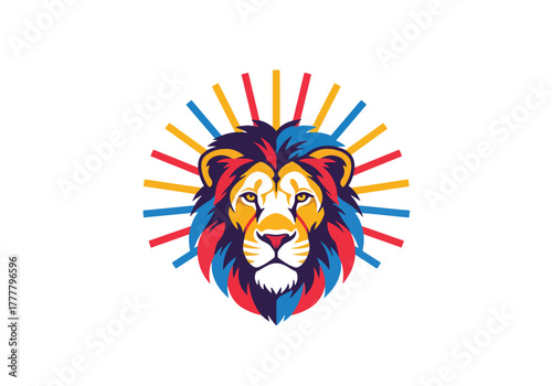 Flat vector of Leo lion with sun rays, symbolizing strength, pride, and confidence. Bold shapes, solid warm colors, no gradients