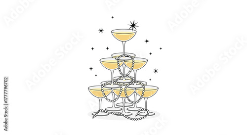 A festive champagne tower built from coupe glasses, adorned with elegant pearls and sparkling decorative elements, ideal for celebrations.