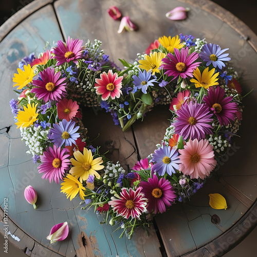 Heart- Shaped Wreath of Colorful Wildflowers on Wooden Surface floral nature