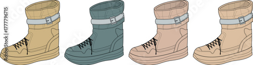 Trendy footwear collection A set of stylish boots in diverse colors, perfect for fashion designs and lifestyle projects