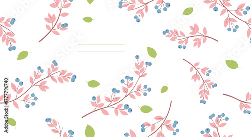A delightful seamless pattern of delicate pink branches adorned with blue berries and scattered green leaves, set against a pristine white background.