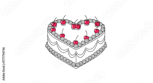 An illustration of a charming heart-shaped cake, decorated with whipped cream rosettes and bright red cherries, symbolizing romance and celebration.