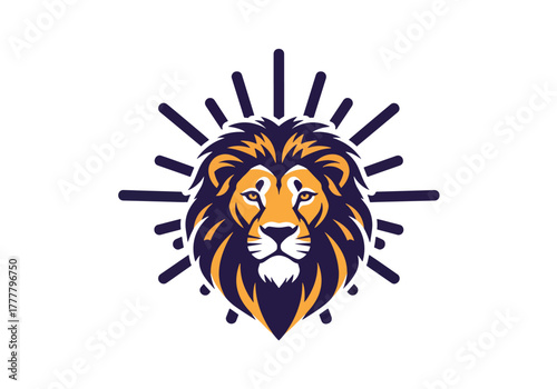 Flat vector of Leo lion with sun rays, symbolizing strength, pride, and confidence. Bold shapes, solid warm colors, no gradients