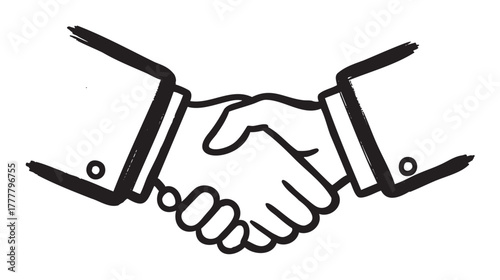 Black and white illustration of two hands engaging in a handshake, symbolizing agreement and partnership in a professional context.