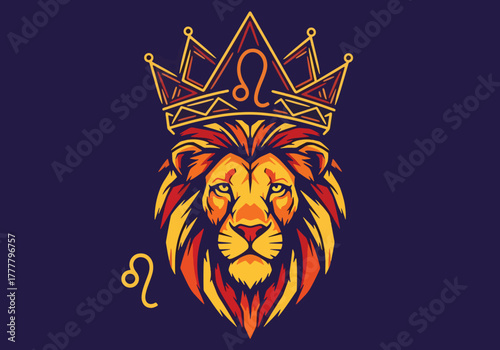 Flat Leo symbol inside a royal crown emblem expressing confidence and presence. Solid bold colors, no gradients