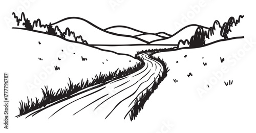 Black outline vector drawing of a winding road leading through hilly countryside with distant mountains and scattered trees.