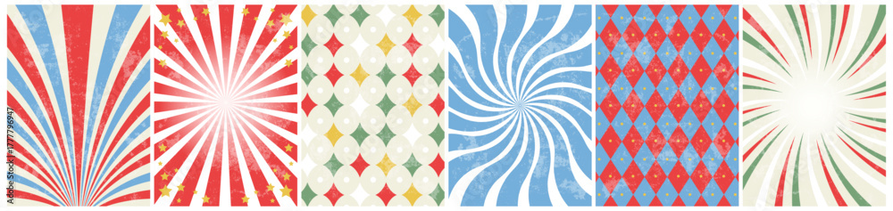 Fototapeta premium circus retro background set. vintage carnival template for poster with sunburst, swirl, stars and rhomb