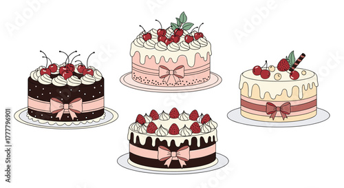 A delightful collection of four cartoon-style cakes, each uniquely decorated with frosting, fresh fruits, and elegant bows, perfect for celebrations and sweet designs.