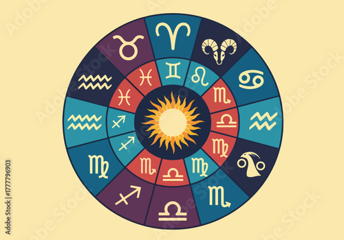 Flat vector zodiac wheel showing all 12 horoscope signs arranged around a central sun symbol. Clean balanced layout, solid vivid colors, no gradients