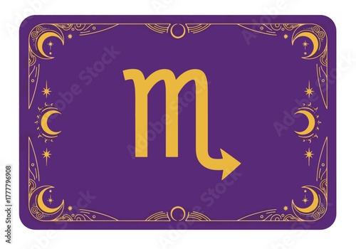 Flat vector tarot-style scorpio zodiac card with decorative border and centered symbol. Solid vivid colors, clean mystical theme