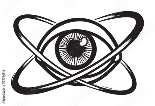 Black and white abstract illustration of a large human eye surrounded by elliptical orbits resembling atomic structures.