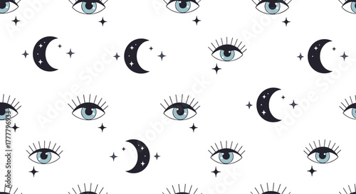 Whimsical seamless pattern featuring mystical blue eyes, dark crescent moons, and sparkling stars on a clean white background.