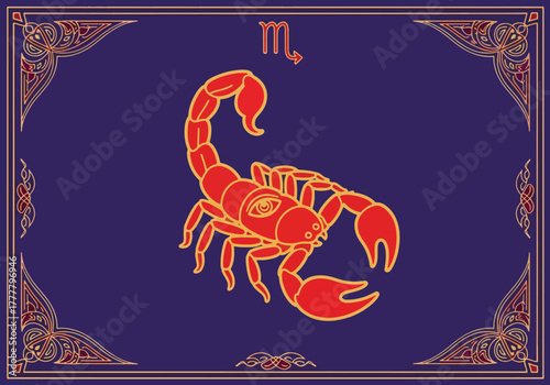 Flat vector tarot-style scorpio zodiac card with decorative border and centered symbol. Solid vivid colors, clean mystical theme