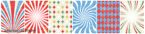 circus retro background set. vintage carnival template for poster with sunburst, swirl, stars and rhomb