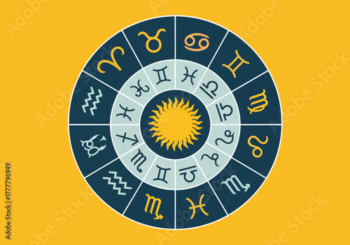 Flat vector zodiac wheel showing all 12 horoscope signs arranged around a central sun symbol. Clean balanced layout, solid vivid colors, no gradients