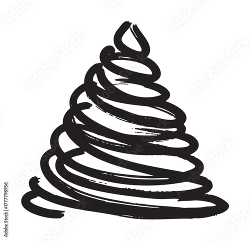 Black scribbled spiral forming a cone shape on a white background, resembling a whirlwind or abstract tree design.