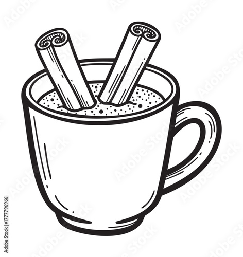 Black and white vector image of a cup filled with a hot beverage and topped with two cinnamon sticks, suggesting warmth and flavor.