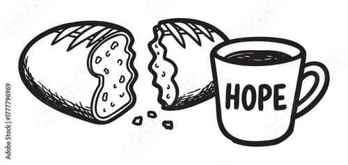 Black outline drawing of a cut loaf of bread with crumbs and a coffee cup labeled "hope" symbolizing comfort and positivity.