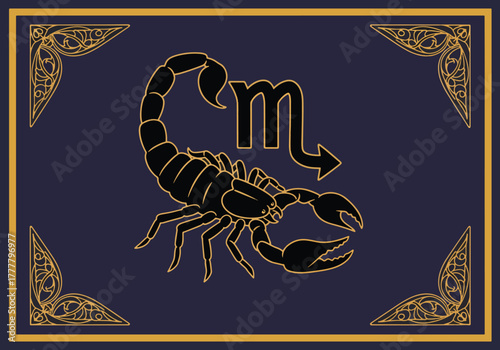 Flat vector tarot-style scorpio zodiac card with decorative border and centered symbol. Solid vivid colors, clean mystical theme