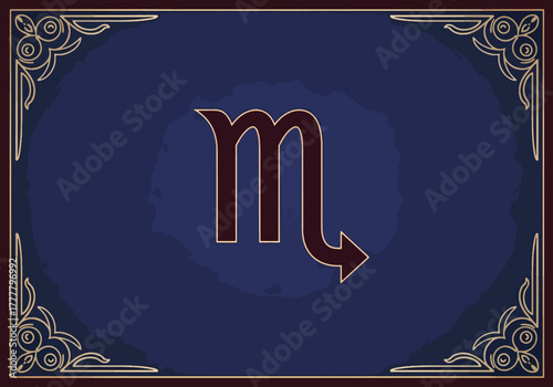 Flat vector tarot-style scorpio zodiac card with decorative border and centered symbol. Solid vivid colors, clean mystical theme