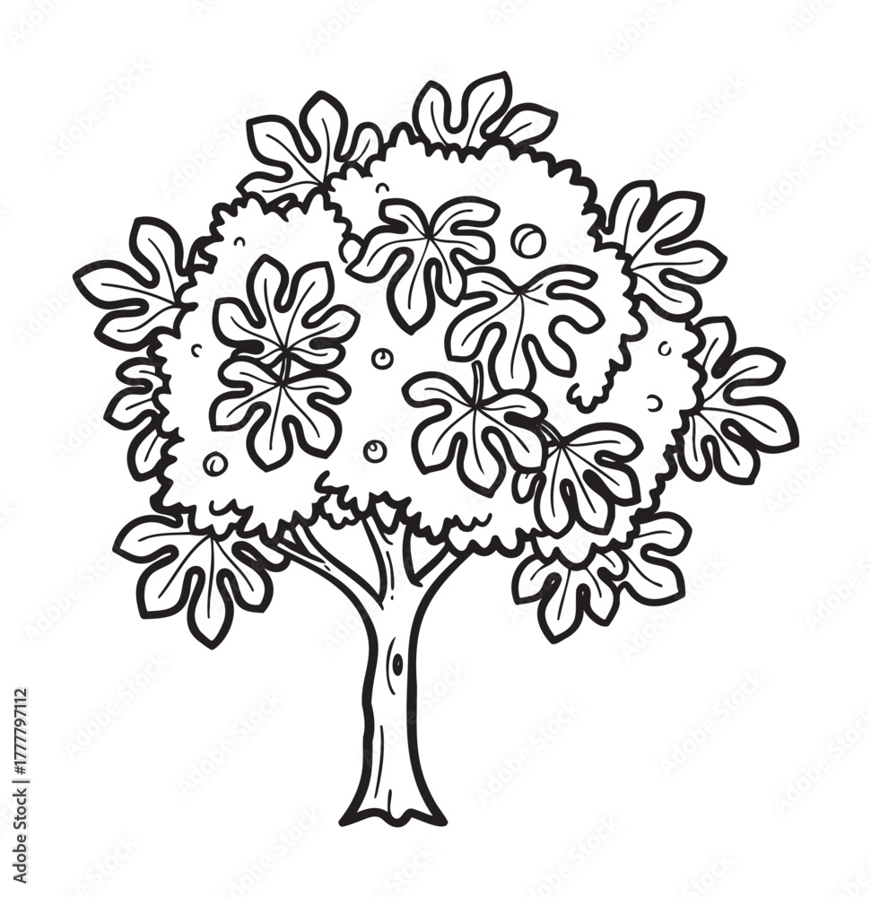 Obraz premium Black outline vector illustration of a lush tree featuring dense foliage and a sturdy trunk with distinctive leaf shapes.
