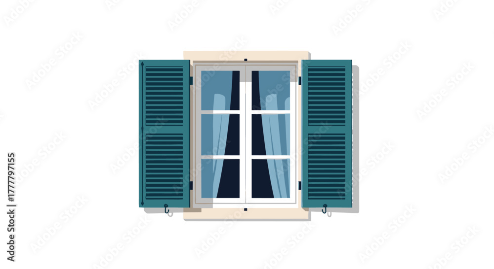 Obraz premium A classic window with open louvered teal shutters, revealing light blue curtains inside, presented as a vector illustration.