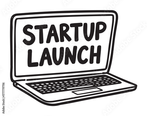 Black outline drawing of an open laptop displaying the words "startup launch" on the screen, symbolizing innovation and entrepreneurship.