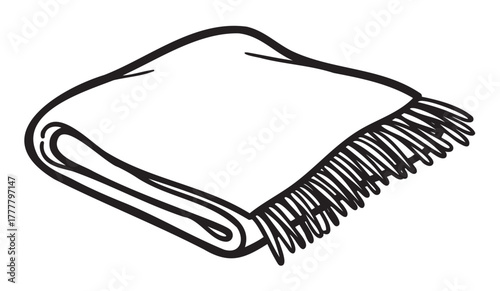 Black outline of a folded blanket with tassels on one side, depicted in a simple linear style.