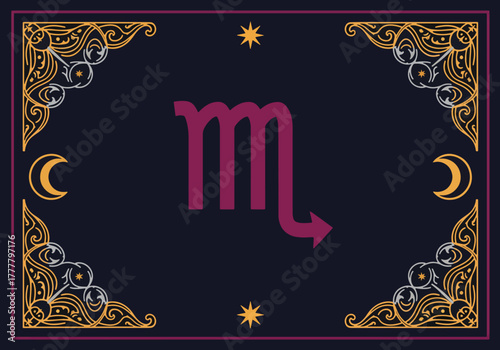 Flat vector tarot-style scorpio zodiac card with decorative border and centered symbol. Solid vivid colors, clean mystical theme