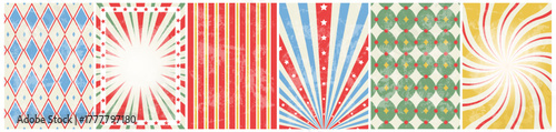 circus retro background set. vintage carnival template for poster with sunburst, swirl, stars and rhomb