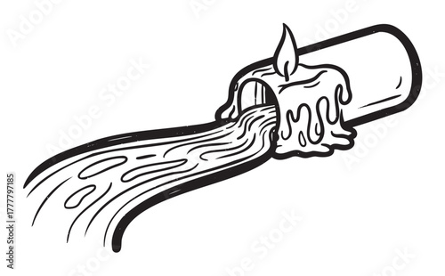 Black and white illustration of a candle transforming into a river as it melts, symbolizing fluidity and change.