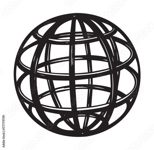 Black outline vector icon of a three-dimensional spherical globe made of intersecting circular lines.