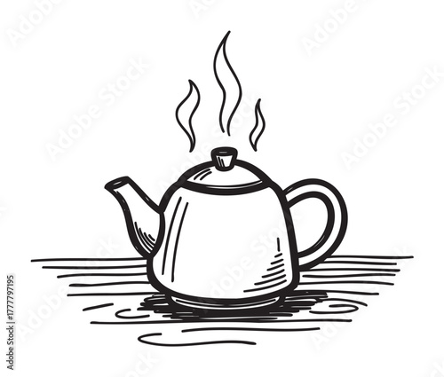 Black outline drawing of a steaming teapot with a handle and spout, resting on a wooden surface.