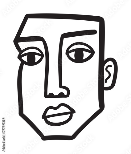 Black outline vector icon of an abstract human face with simplified geometric features and a serious expression, conveying a modern artistic style.