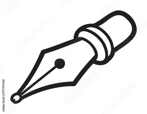 Black outline of a fountain pen nib with a simple, bold design, emphasizing its pointed tip and intricate detail.
