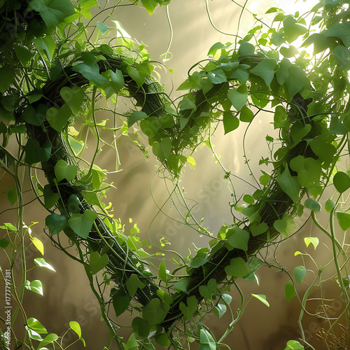 Heart Shaped Wreath Of Green Ivy Vines With Soft Sunlight And Bokeh green leaves