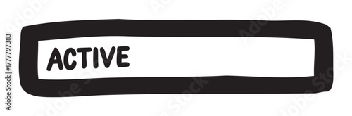 Hand-drawn black outline of a rectangular label with the word "active" prominently displayed in bold, rounded letters.