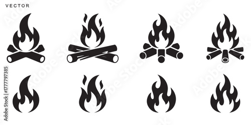 Campfire icon vector silhouette set, Firewood logotype, Fireplace symbol, Bonfire vector illustration on white background
