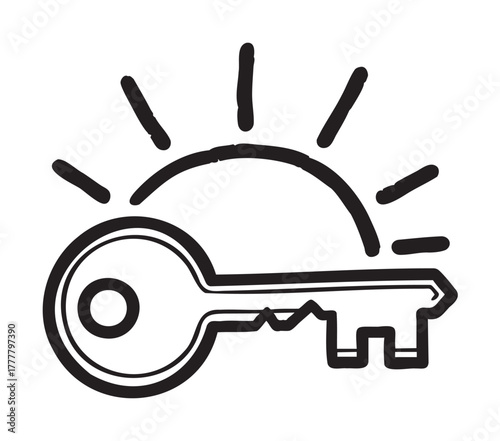 Black outline vector of a key with sun rays behind it, symbolizing energy and potential.