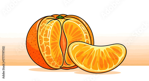 Vibrant Illustrated Citrus: Captivating Visuals Of A Juicy Orange And Its Segment
