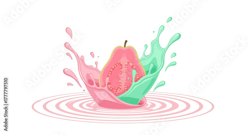 Vibrant Guava Slice in Dynamic Colorful Splashes, Bursting With Freshness And Energy