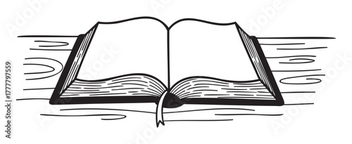 Black and white line drawing of an open book with a ribbon bookmark, depicting a classic representation of literature and reading.