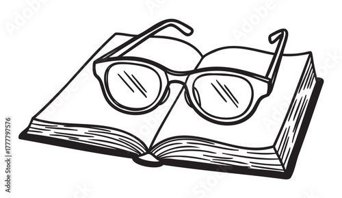 Black and white sketch of an open book with a pair of glasses resting on top, symbolizing reading and knowledge.