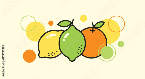 Vibrant Illustrated Citrus Fruits with Playful Circular Accents on Pale Yellow Background