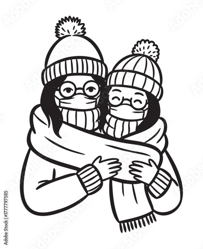 Two asian females wearing winter hats and scarves embrace warmly, each with glasses and face masks, conveying a sense of close friendship and warmth.